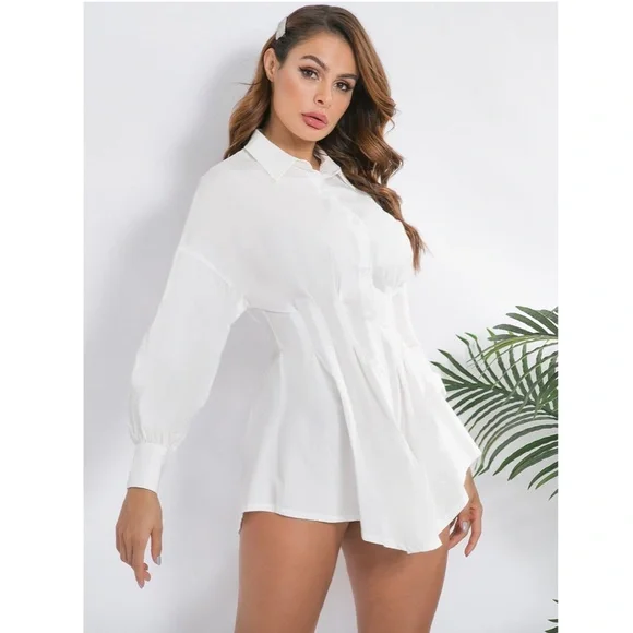 White Waist Fitted Drop Shoulder Buttoned Shirt - Picture 10 of 17